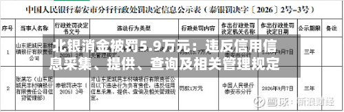 北银消金被罚5.9万元：违反信用信息采集、提供、查询及相关管理规定