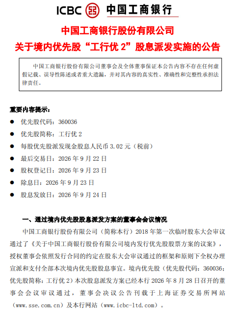 工商银行：拟派发“工行优2	”股息，每股发放3.02元