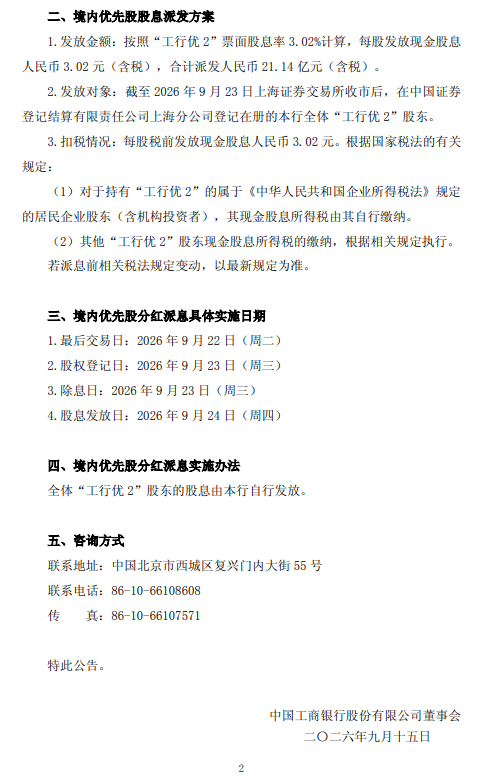 工商银行：拟派发“工行优2”股息	，每股发放3.02元
